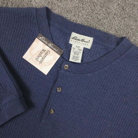 Vintage Eddie Bauer Sweater Mens XL Blue Short Sleeve Ringer Tee Knit Henley NEW - Picture 2 of 8
